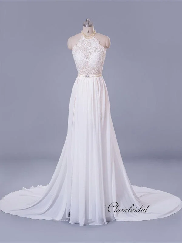 Halter Lace Bridal Wedding Dresses, Beaded A-line Elegant Wedding Dresses