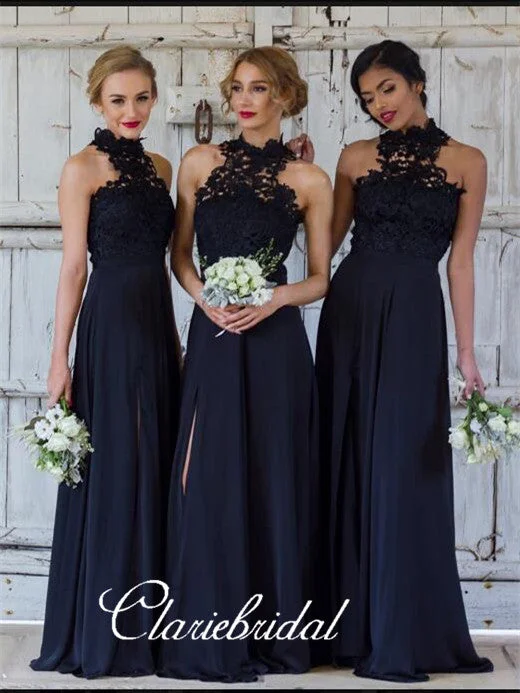 Halter Lace Top Navy Chiffon Long Side Slit Bridesmaid Dresses