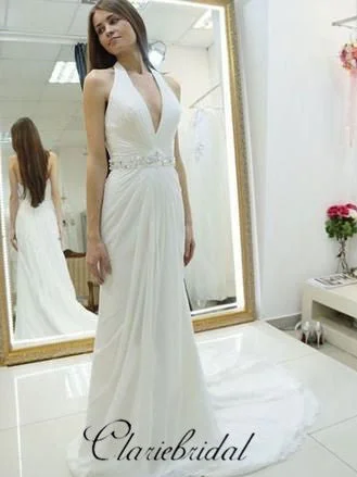 Halter V-neck Long Sheath Simple Elegant Wedding Dresses