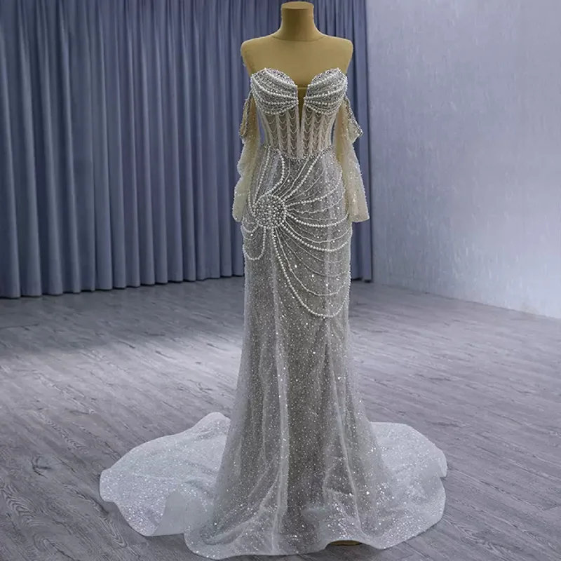 High-end Pearls Mermaid Wedding Dress with Detachable Sleeve