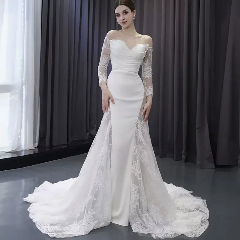 High-end Satin Lace Wedding Dress with Off the Shoulder Long Sleeve