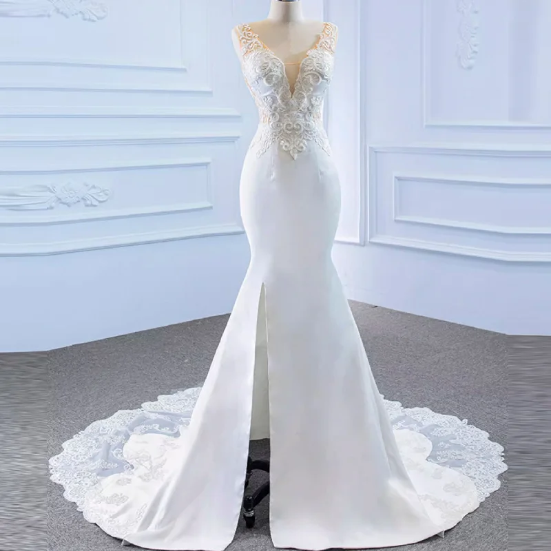 Leaf-Shape Train Mermaid Lace Satin Vneck Wedding Dress with Leg Slit