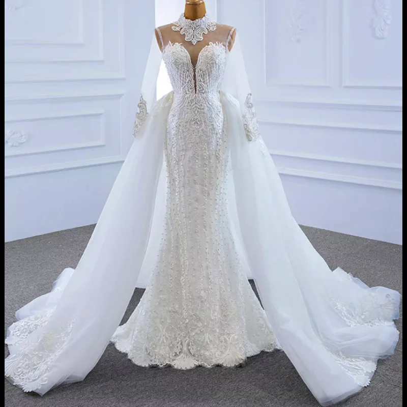 Long Sleeve Bead Pearl  High Neck Wedding Dress with Detachable Skirt