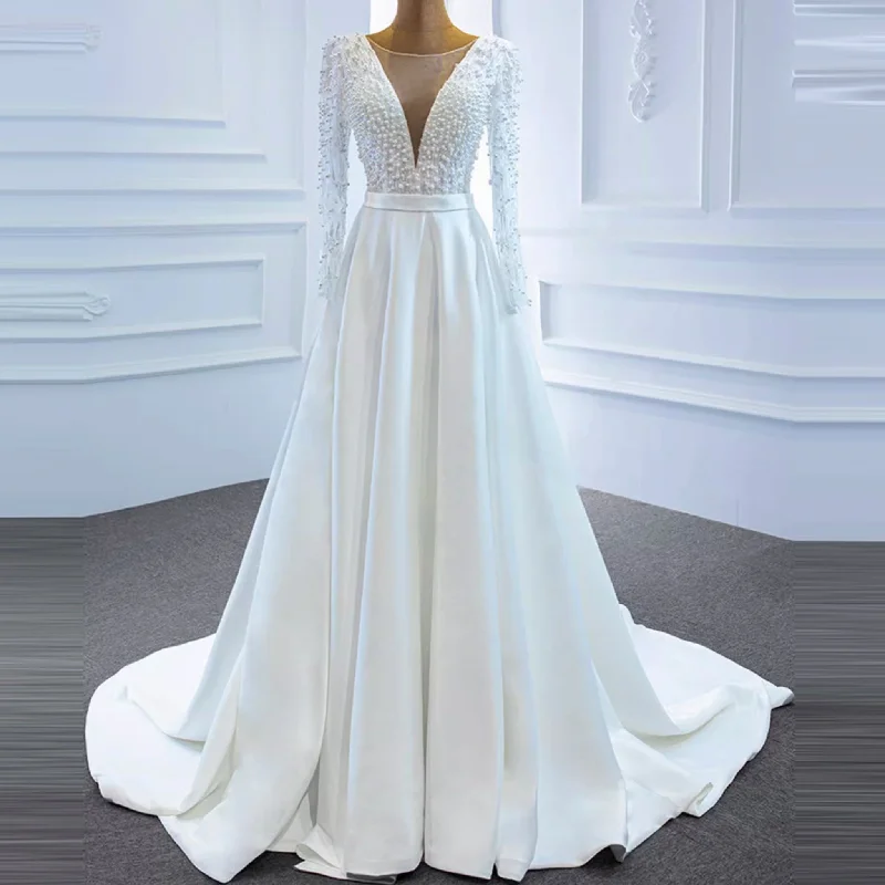 Low Back Long Sleeve Satin Sheer V-neck Wedding Dress with Leg Slit