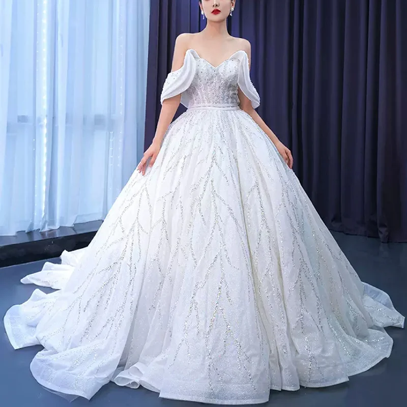 Modest Sparkly Puffy Skirt Ball Gown Wedding dress with Off the Shoulder