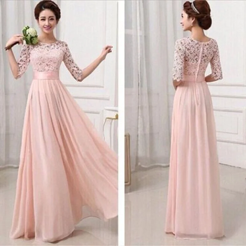 Most Popular Junior Half Sleeve Top  Lace Prom Dress Blush Pink Long Bridesmaid Dresses, WG27