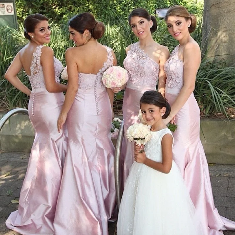 One Shoulder Mermaid Sexy Pink Long Bridesmaid Dresses with Handmade Flowers, WG143