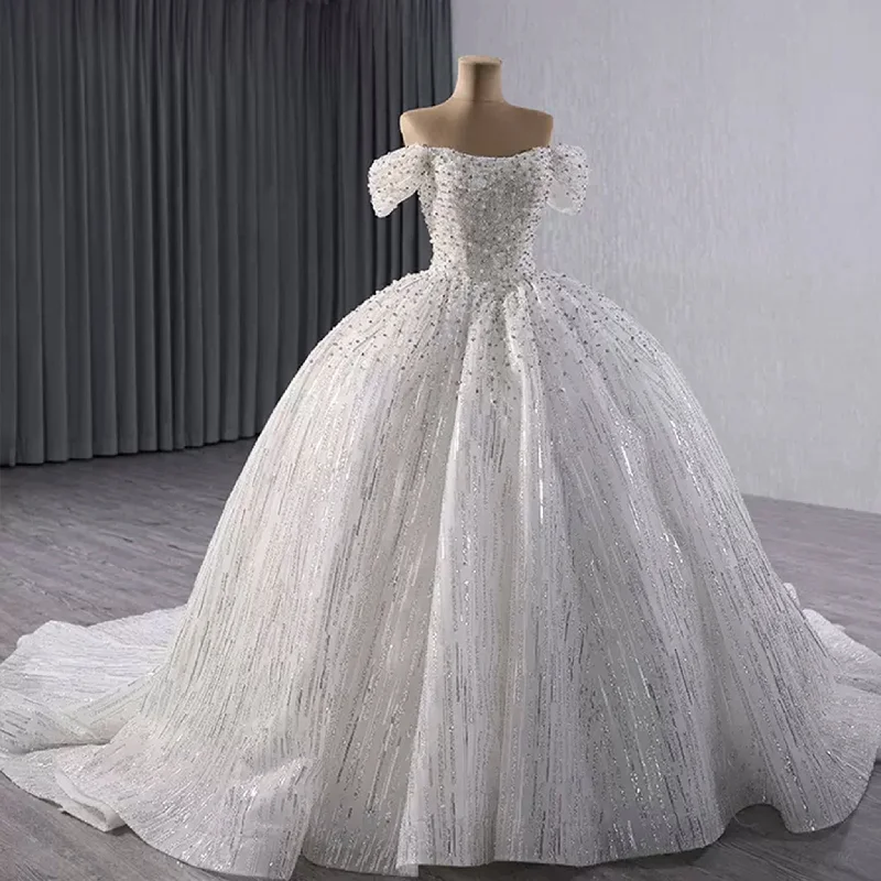 Organza Ball Gown Off the Shoulder Wedding Dress with Boat Neck