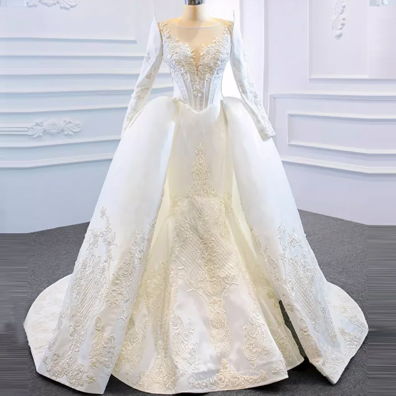 Overskirt Lace Appliqued Satin Wedding Dress with Long Sleeves