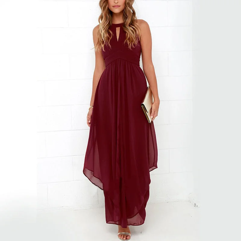 Burgundy Chiffon Cheap Side-slit Jewel-neck Flowy Long Bridesmaid Dresses, PD218