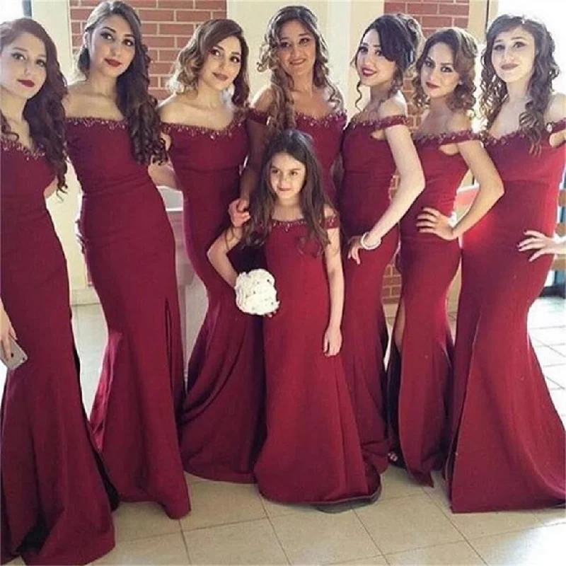 Off Shoulder Burgundy Side Slit Mermaid Elegant New Arrival Bridesmaid Dresses , PD219