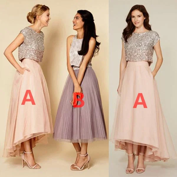 Pretty Two Pieces Cap Sleeve Sequin Top Organza Long Bridesmaid Dresses Cheap Prom Dresses, WG38