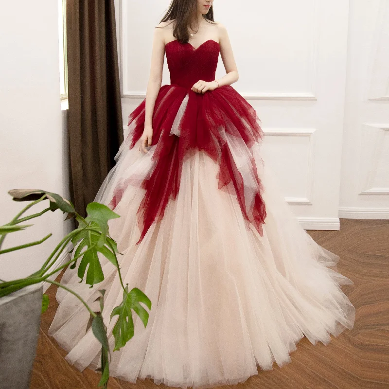 Strapless Ball Gown Red and White Wedding Dress with Vneck