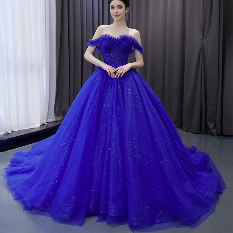 Royal Blue Sparkly Tulle Wedding Gown Off the Shoulder Formal Dress