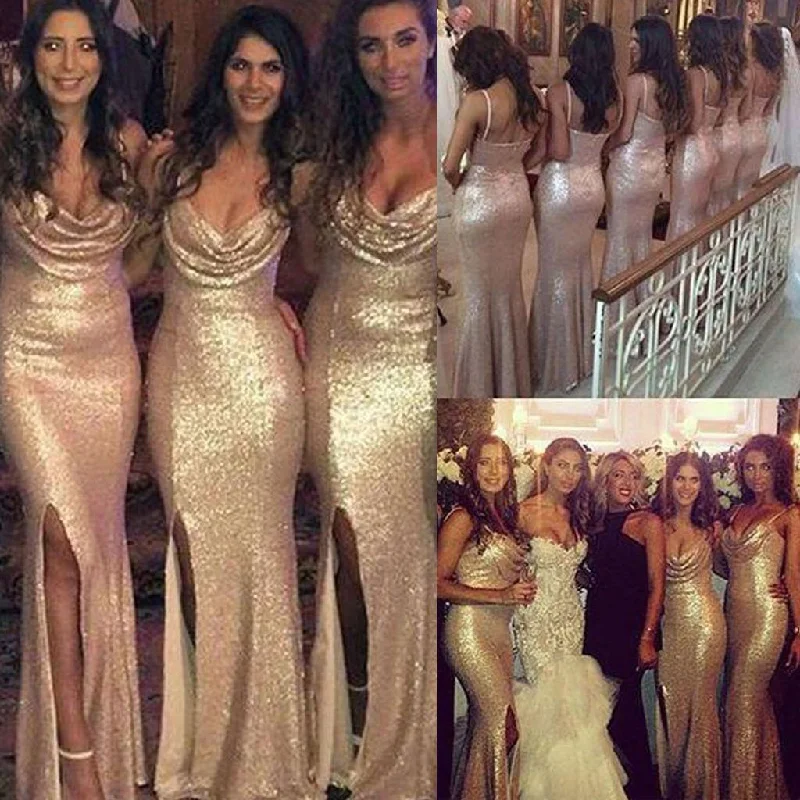 Sexy Seqin Mermaid Sparkly Side-slit Cheap Long Bridesmaid Dresses, WG26