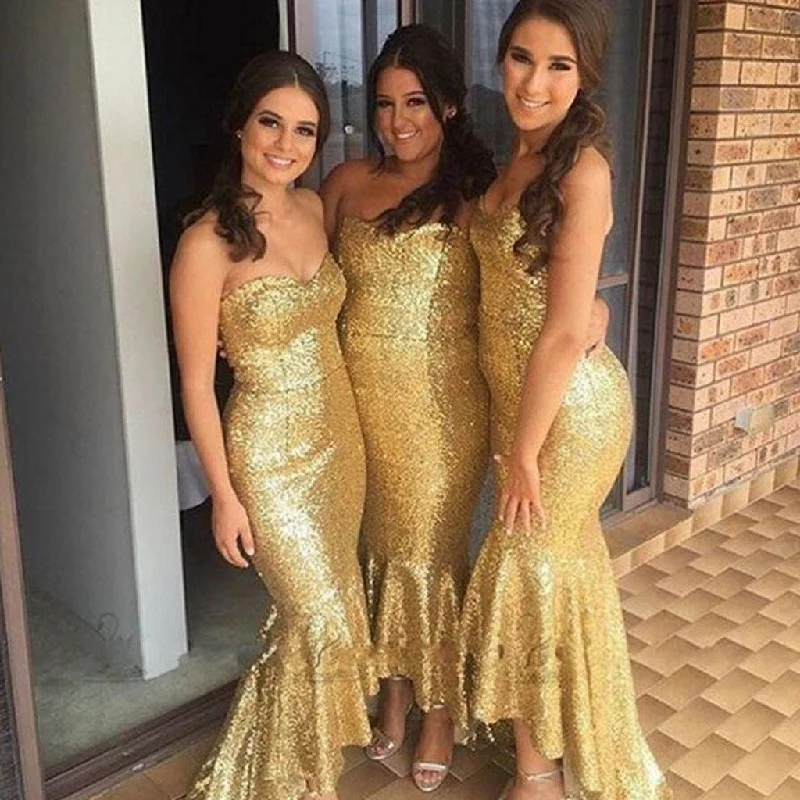 Shinning Gold Sequin Sweet Heart Mermaid Sexy Cheap Custom Long Bridesmaid Dresses, WG144