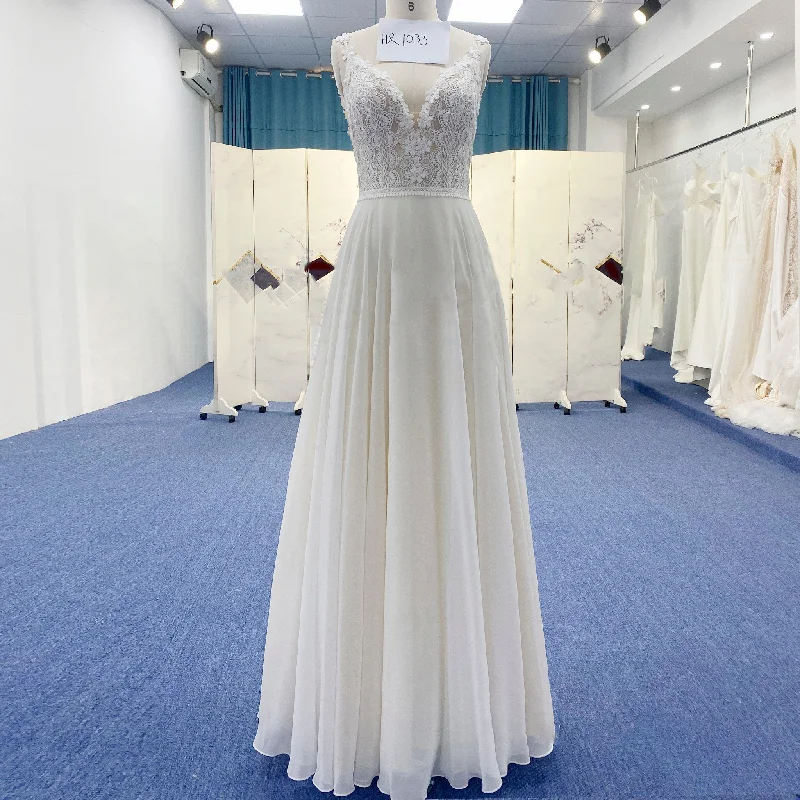 Simple Vneck Chiffon Sheath Wedding Dress with Spaghetti Strap