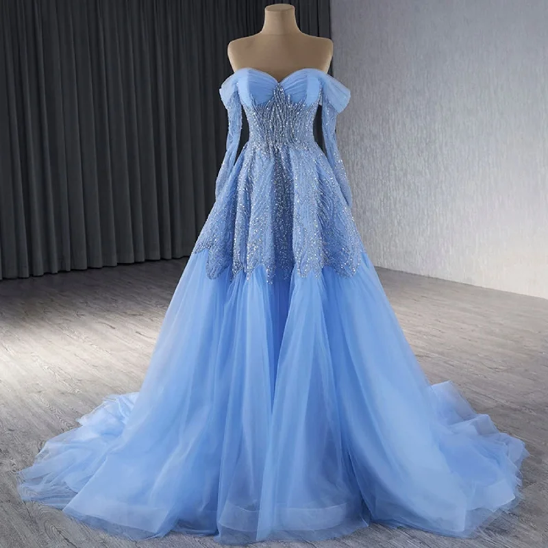 Sky Blue Wedding Dress Long Sleeve Off the Shoulder Formal Dress