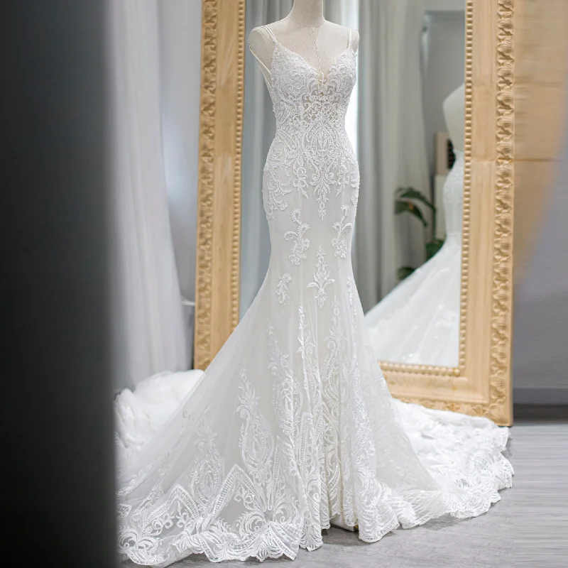 Spaghetti Strap Beaded Floral Lace Mermaid Wedding Dress