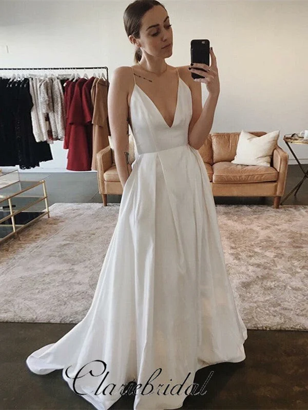 Spaghetti V-neck Simple Chic Design Satin Wedding Dresses