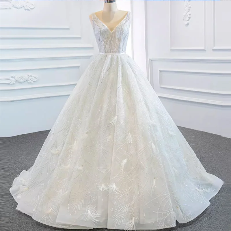 Sparkly Ball Gown Lace Vneck Wedding Dress with Feather