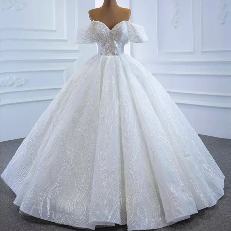 Sparkly Off the Shoulder Ball Gown Puffy Wedding Dress with Sheer Bodice