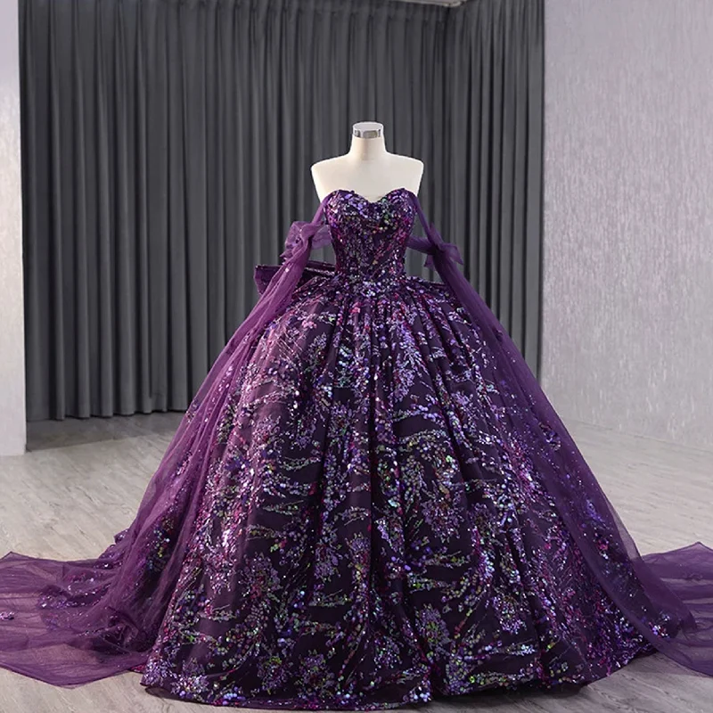 Sparkly Sequin Purple Wedding Dress with Off Shoulder Quinceanera Gown