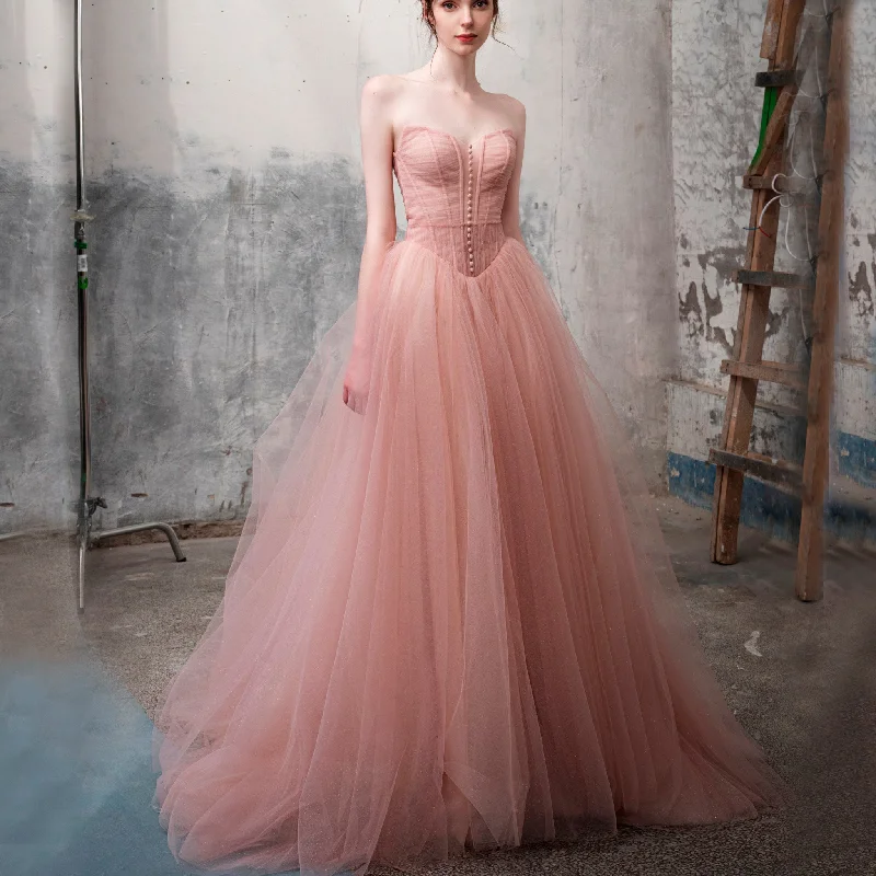 Strapless A-line Tulle Blush Pink Wedding Dress with Mid Back