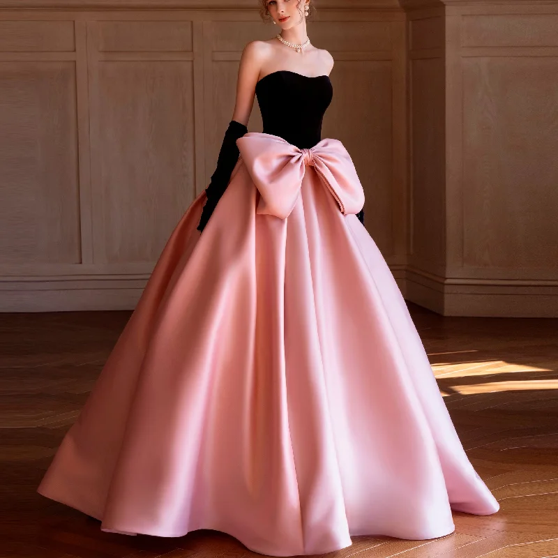 Strapless Black and Pink Wedding Dress with Bowknot