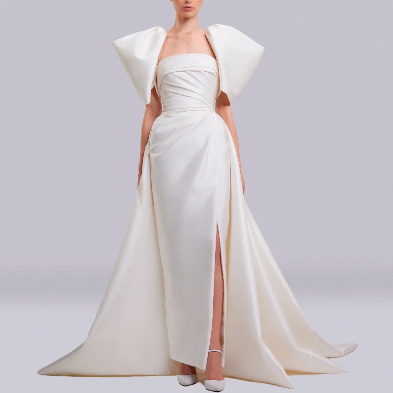 Strapless Leg Slit Satin Wedding Dress with Straight Neck