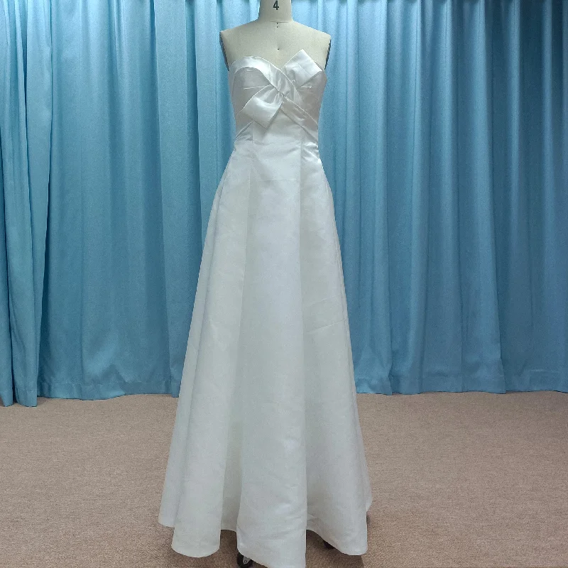 Strapless Satin A-line Tea Length Wedding Dress with Ruched Bodice