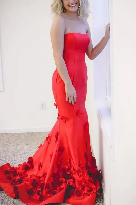 Strapless Scoop Mermaid Prom Dresses, Appliques Red Bridesmaid Dresses, Newest Long Prom Dresses