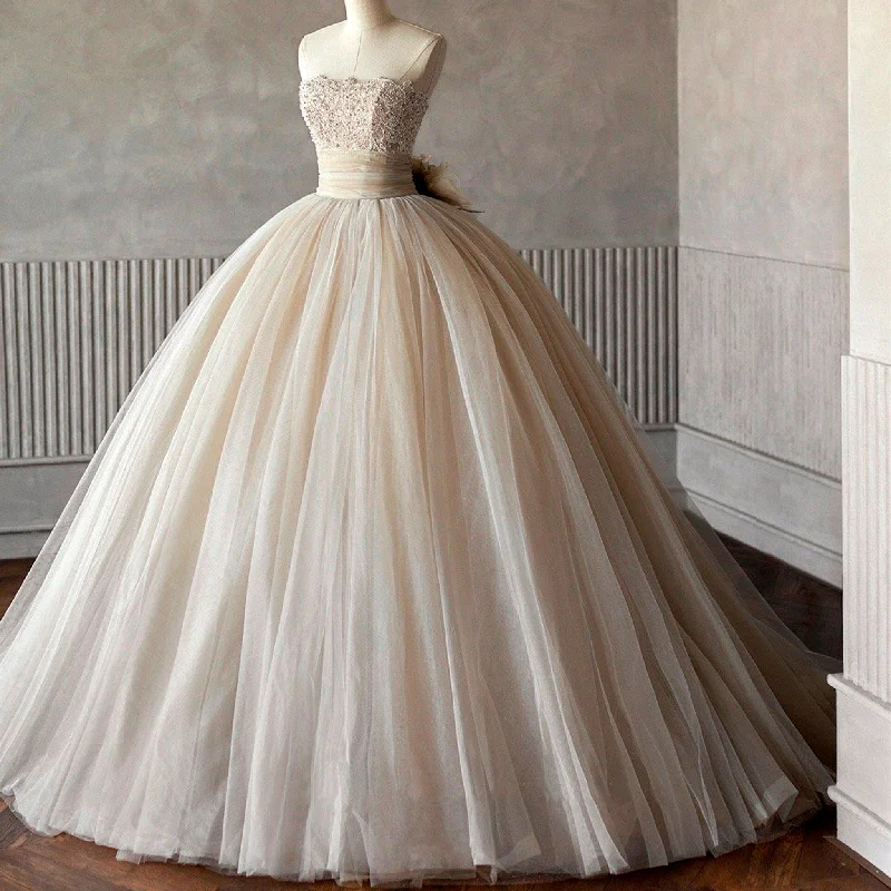 Strapless Tulle Ball Gown Wedding Dress with Pearls