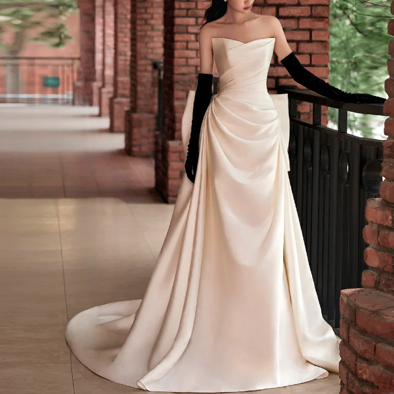 Strapless Vneck Ruched Satin Wedding Dress with Bowknot Back