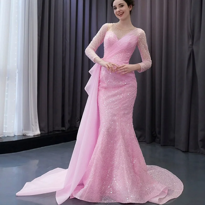 Stylish Beaded Long Sleeve Pink Pageant Gown Mermaid Wedding Dress