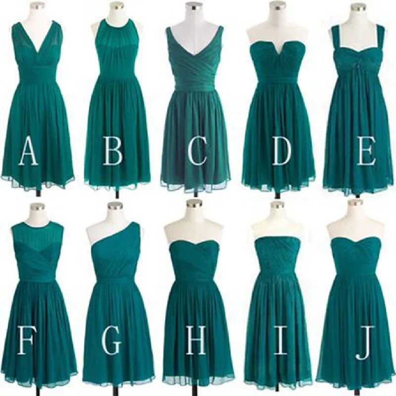 Teal Green Chiffon Mismatched Different Styles Knee Length Cheap Short Bridesmaid Dresses, WG185