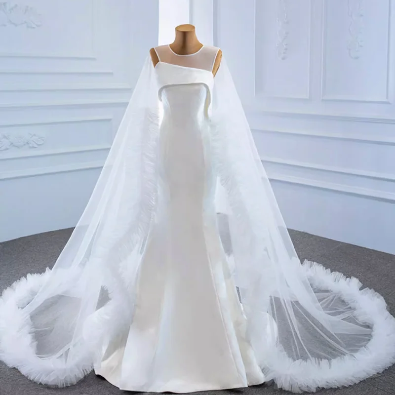 Unique Design Keyhole Satin Mermaid Wedding Dress with Cape