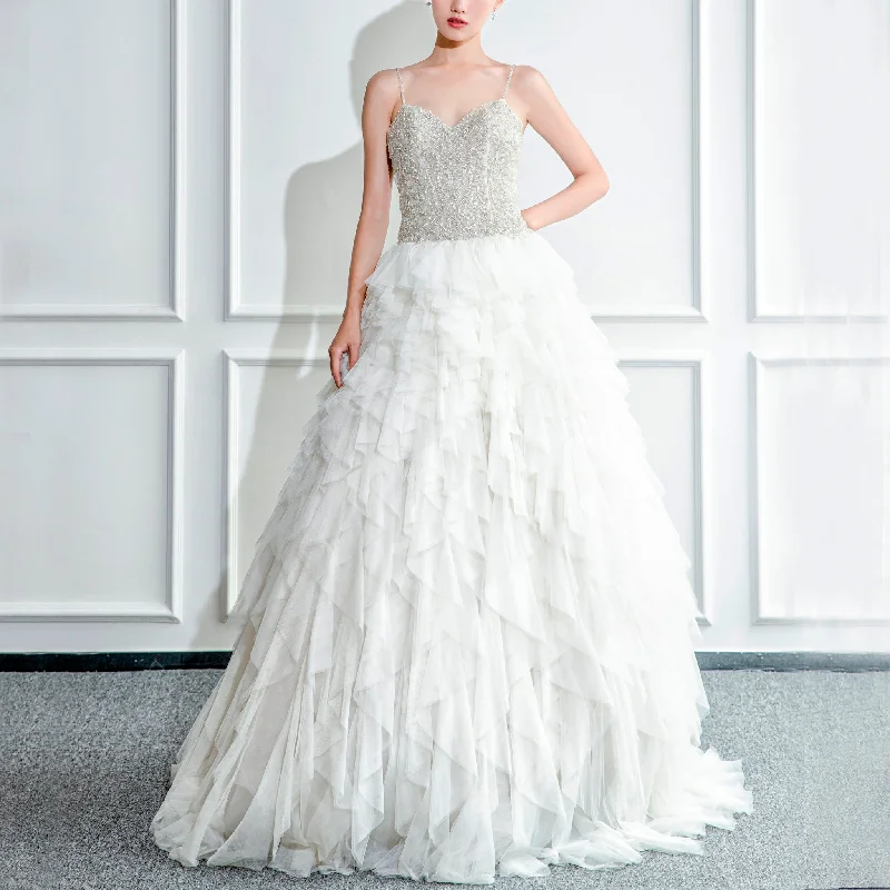 Vneck Tulle Ruffle Wedding Dress with Spaghetti Strap